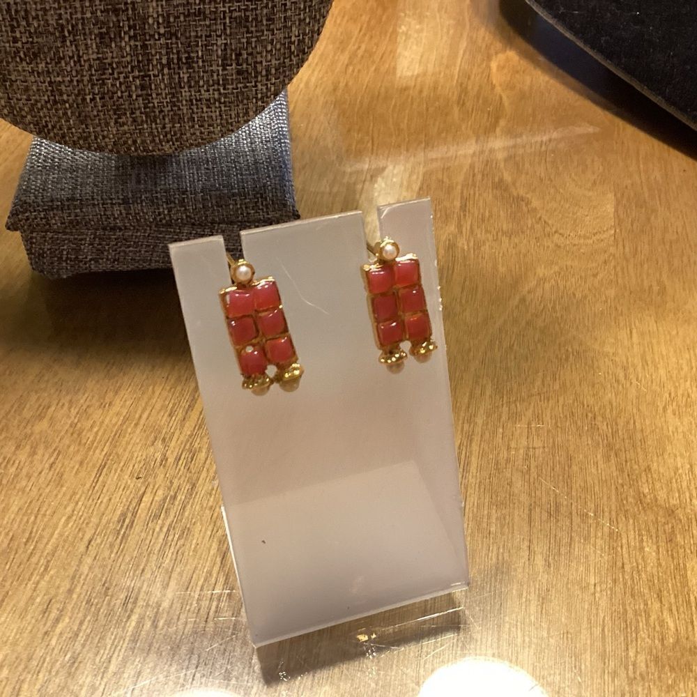 Goldtone Pink Clear Stone with Faux Pearls Earrings